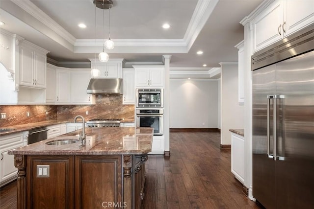 kitchen featuring built in appliances, under cabinet range hood, a sink, white cabinetry, and a raised ceiling