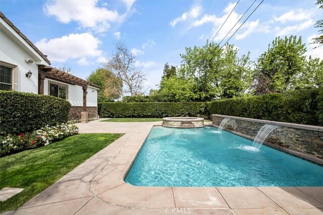 view of swimming pool with a fenced in pool, a patio area, and an in ground hot tub