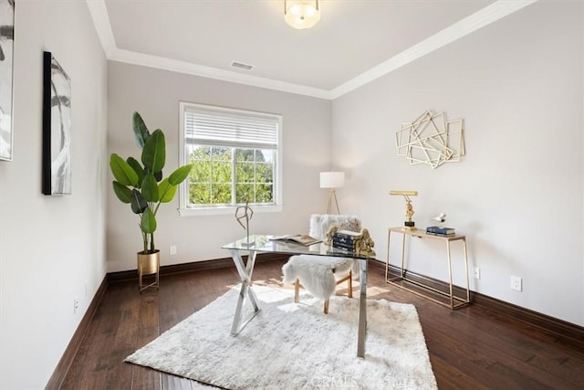 4976 Odessa Ave, Encino, CA 91436 - office area featuring crown molding, visible vents, hardwood / wood-style floors, and baseboards