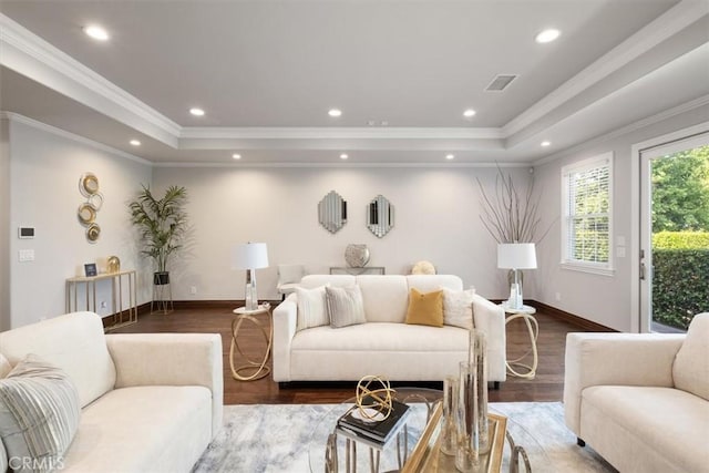 4976 Odessa Ave, Encino, CA 91436 - living area featuring crown molding, wood finished floors, and a raised ceiling