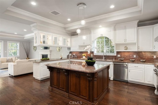 4976 Odessa Ave, Encino, CA 91436 - kitchen with open shelves, visible vents, a raised ceiling, dishwasher, and dark wood-type flooring