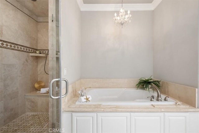 4976 Odessa Ave, Encino, CA 91436 - bathroom featuring a chandelier, crown molding, a bath, and a stall shower