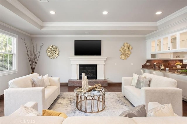 4976 Odessa Ave, Encino, CA 91436 - living room with crown molding, recessed lighting, wood finished floors, and baseboards