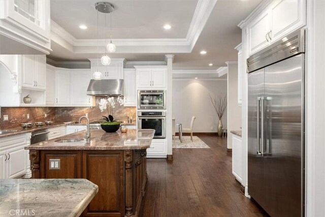 4976 Odessa Ave, Encino, CA 91436 - kitchen with under cabinet range hood, built in appliances, dark wood-style flooring, a sink, and a raised ceiling
