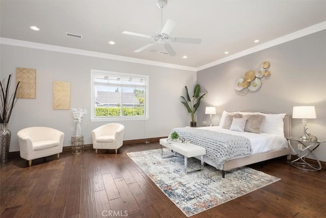 4976 Odessa Ave, Encino, CA 91436 - bedroom featuring wood-type flooring, a ceiling fan, visible vents, baseboards, and ornamental molding