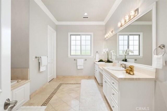 4976 Odessa Ave, Encino, CA 91436 - bathroom with tile patterned floors, a tub to relax in, vanity, baseboards, and crown molding