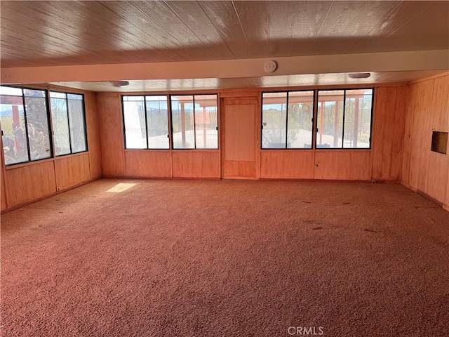 unfurnished room with wooden walls and light carpet