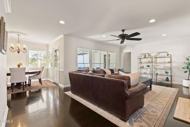 living area with recessed lighting, dark wood-type flooring, baseboards, and ornamental molding