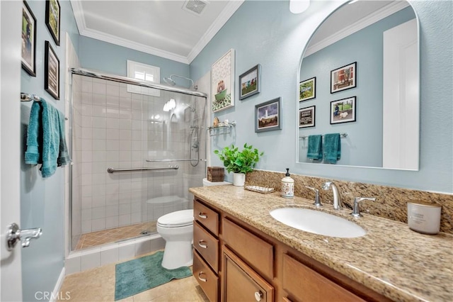 full bathroom with toilet, a shower stall, visible vents, and ornamental molding