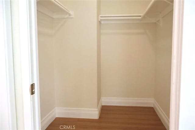 walk in closet with wood finished floors