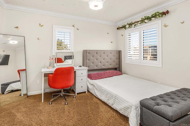 carpeted bedroom featuring ornamental molding and baseboards