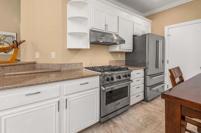 kitchen with premium appliances, crown molding, under cabinet range hood, white cabinetry, and open shelves