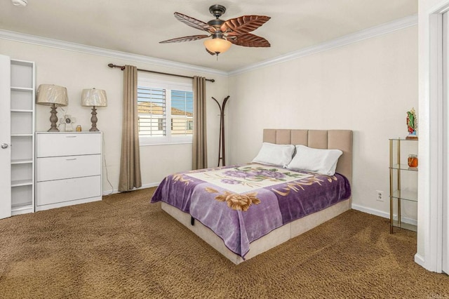 carpeted bedroom with baseboards, ornamental molding, and ceiling fan