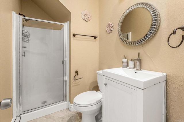 full bathroom featuring toilet, a shower stall, and vanity