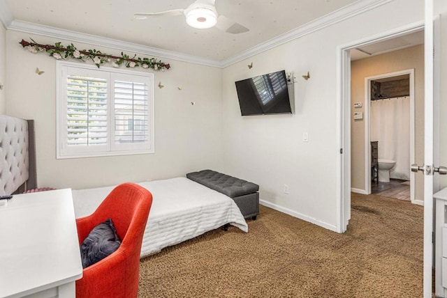 bedroom with ceiling fan, carpet floors, baseboards, and ornamental molding