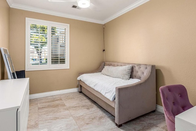bedroom featuring a ceiling fan, marble finish floor, baseboards, ornamental molding, and visible vents