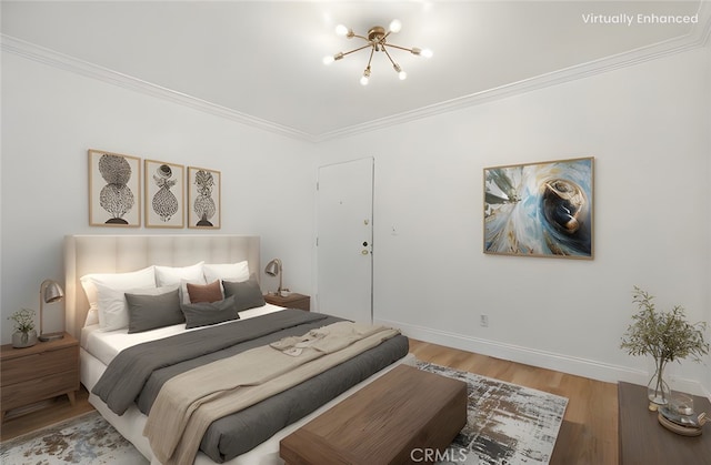 bedroom with baseboards, crown molding, light wood finished floors, and an inviting chandelier