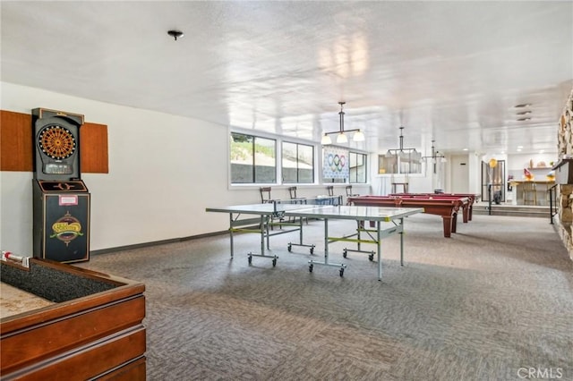 playroom featuring billiards, carpet flooring, and baseboards