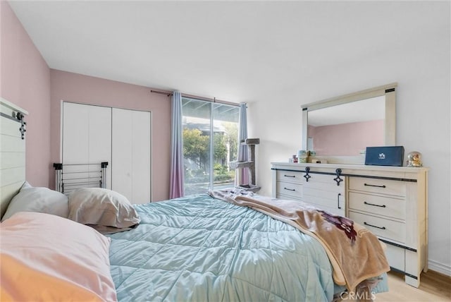 bedroom featuring access to exterior, a closet, and light wood finished floors