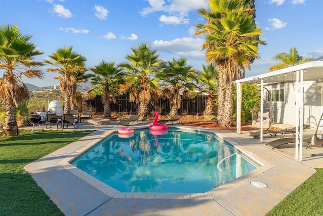 view of pool with a lawn, a patio area, a fenced backyard, and a fenced in pool