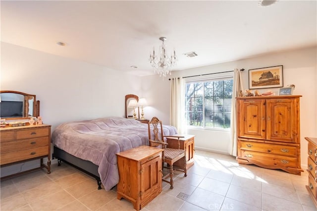 bedroom with visible vents, a notable chandelier, baseboards, and light tile patterned floors