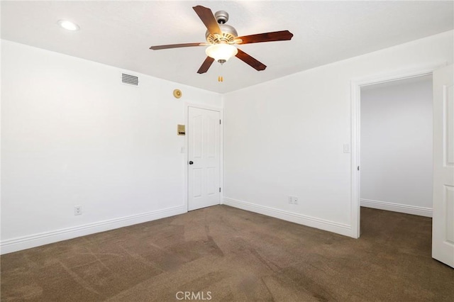 unfurnished room featuring carpet floors, recessed lighting, visible vents, ceiling fan, and baseboards