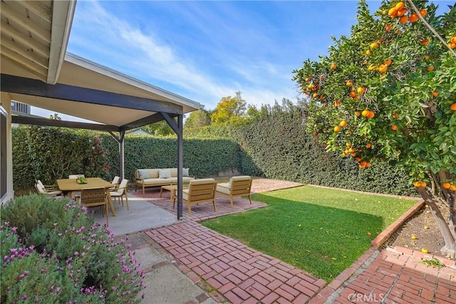 view of yard with a patio area, a fenced backyard, and an outdoor living space