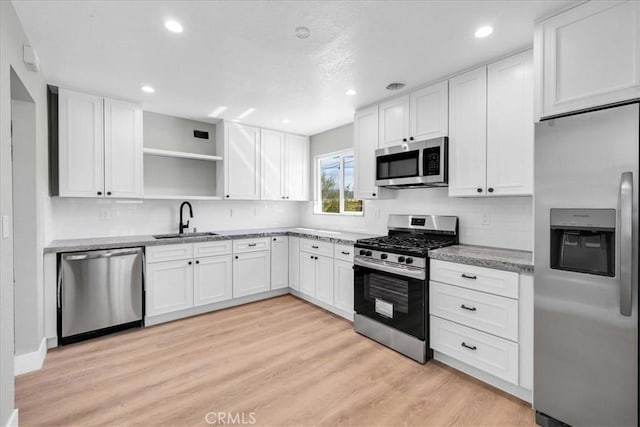 kitchen with light wood-style flooring, stainless steel appliances, a sink, white cabinets, and open shelves