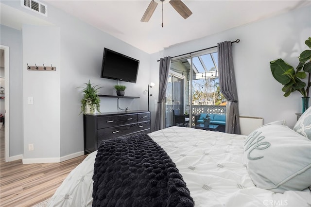 bedroom with visible vents, light wood-style flooring, ceiling fan, access to outside, and baseboards