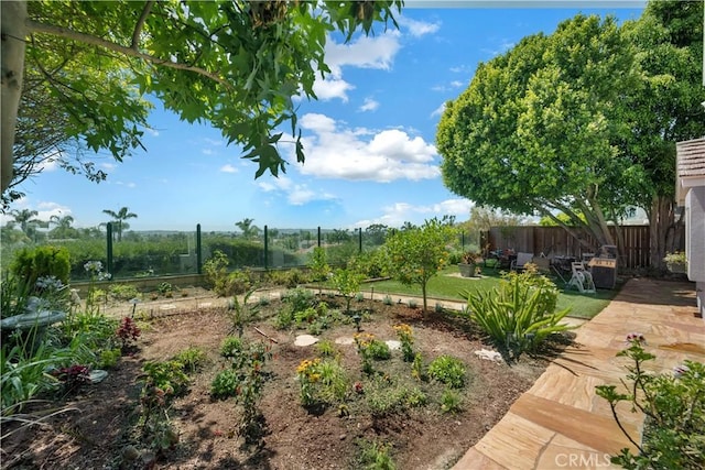 view of yard featuring a patio area, fence, and a garden