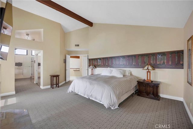 carpeted bedroom with visible vents, high vaulted ceiling, beam ceiling, and baseboards