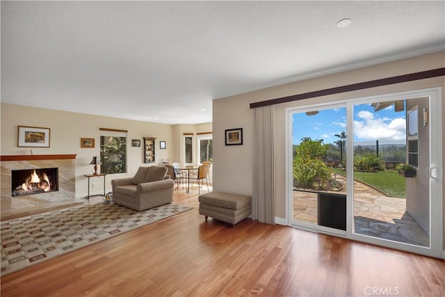 living area with wood finished floors and a high end fireplace