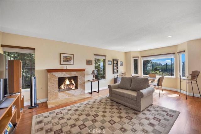 living room featuring a high end fireplace, baseboards, and wood finished floors