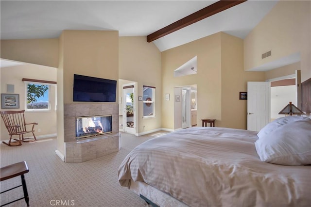 carpeted bedroom with baseboards, visible vents, beamed ceiling, high vaulted ceiling, and a multi sided fireplace