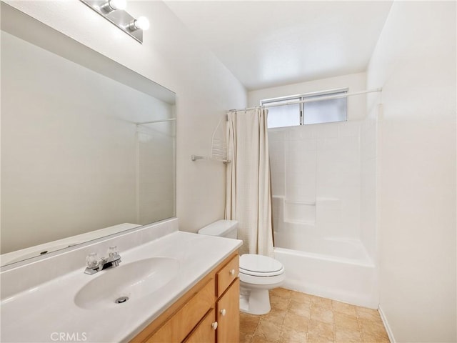 bathroom with toilet, shower / bath combo with shower curtain, and vanity