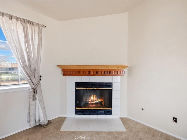 details featuring carpet floors, a fireplace, and baseboards