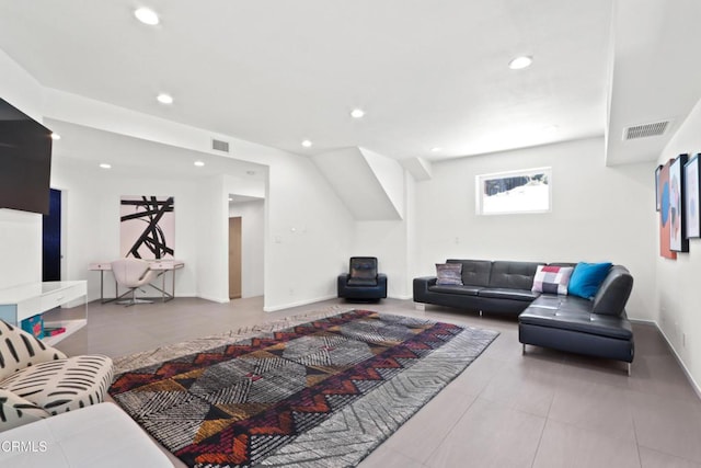 living room with recessed lighting, tile patterned flooring, and visible vents