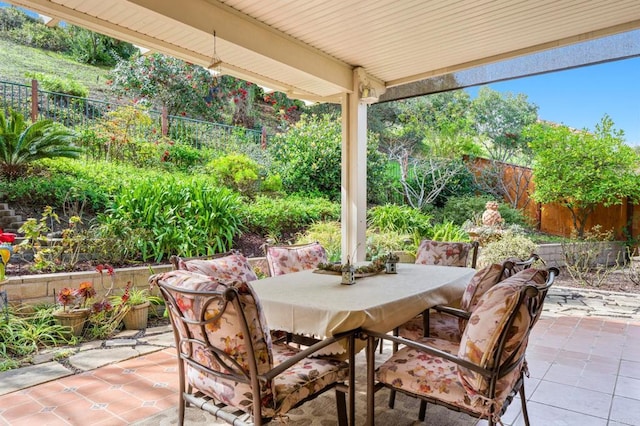 view of patio / terrace featuring a fenced backyard and outdoor dining space