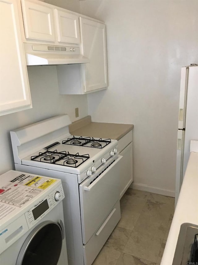 kitchen featuring washer / clothes dryer, white appliances, under cabinet range hood, and white cabinetry