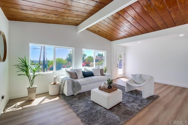 living area with wooden ceiling, baseboards, lofted ceiling with beams, and light wood finished floors