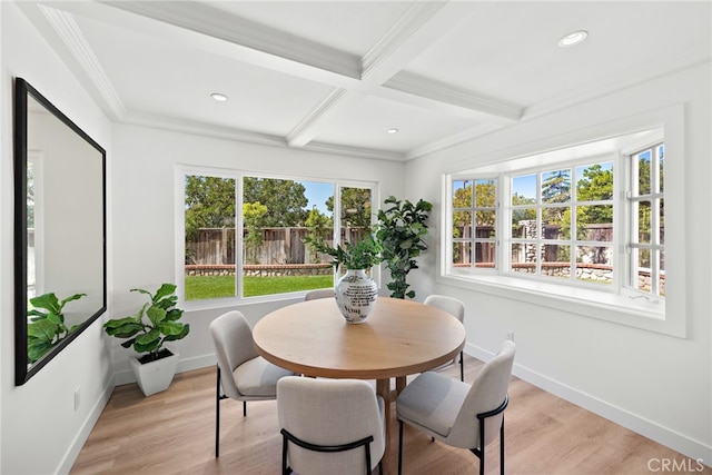 dining area with light wood-style flooring, coffered ceiling, baseboards, ornamental molding, and beam ceiling