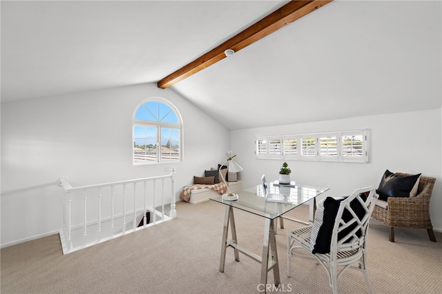 office featuring lofted ceiling with beams and carpet floors