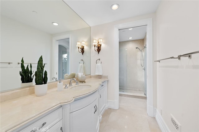 50 Pelican Crest Dr, Newport Coast, CA 92657 - bathroom featuring visible vents, tile patterned flooring, vanity, a shower stall, and recessed lighting