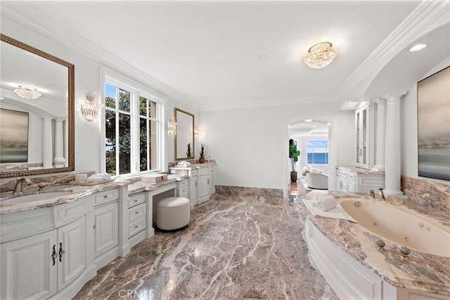 50 Pelican Crest Dr, Newport Coast, CA 92657 - full bathroom featuring a whirlpool tub, marble finish floor, ornamental molding, and a sink