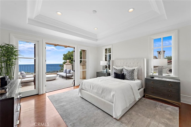 50 Pelican Crest Dr, Newport Coast, CA 92657 - bedroom with a tray ceiling, crown molding, recessed lighting, access to outside, and hardwood / wood-style flooring