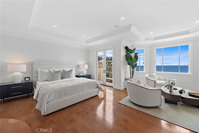 50 Pelican Crest Dr, Newport Coast, CA 92657 - bedroom with access to outside, a tray ceiling, hardwood / wood-style floors, and recessed lighting