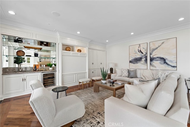 50 Pelican Crest Dr, Newport Coast, CA 92657 - living area with wine cooler, dark wood-type flooring, wet bar, crown molding, and recessed lighting