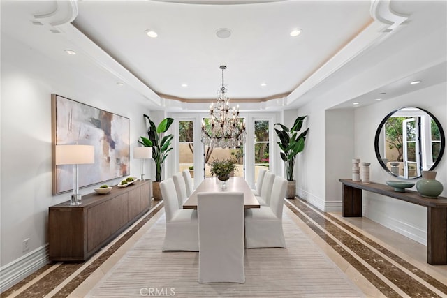 50 Pelican Crest Dr, Newport Coast, CA 92657 - dining space with recessed lighting, a raised ceiling, an inviting chandelier, and baseboards