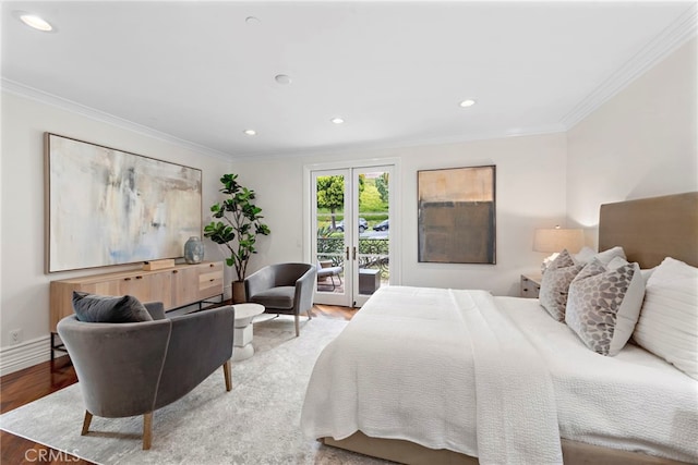 50 Pelican Crest Dr, Newport Coast, CA 92657 - bedroom with ornamental molding, wood finished floors, access to exterior, french doors, and recessed lighting