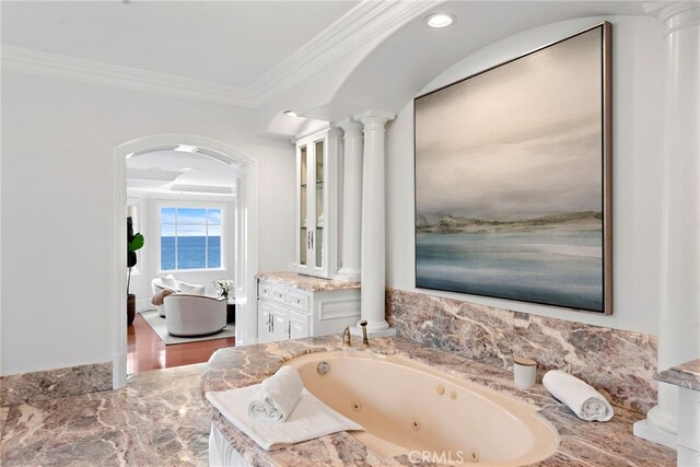 50 Pelican Crest Dr, Newport Coast, CA 92657 - bathroom with a freestanding bath, ornamental molding, vanity, and decorative columns